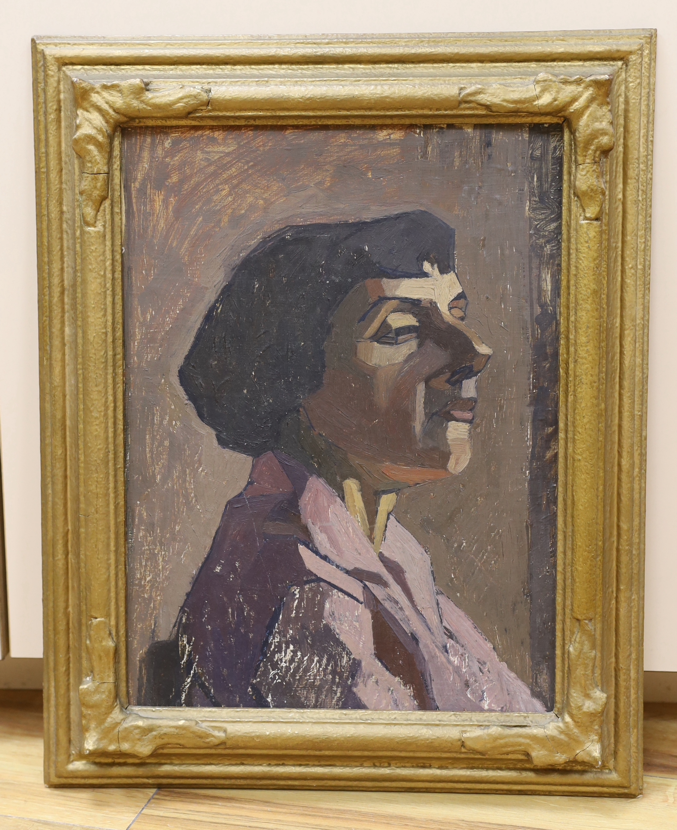 Style of Wyndham Lewis (1882-1957), oil on board, Stylish portrait, 40 x 29cm